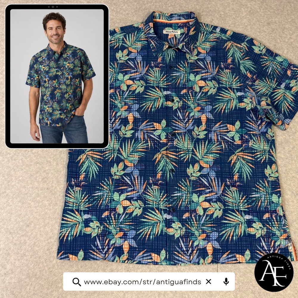 Tommy Bahama‎ Mens XXL Blue Tropical Palm Leaf Grid Short Sleeve Button Up Shirt